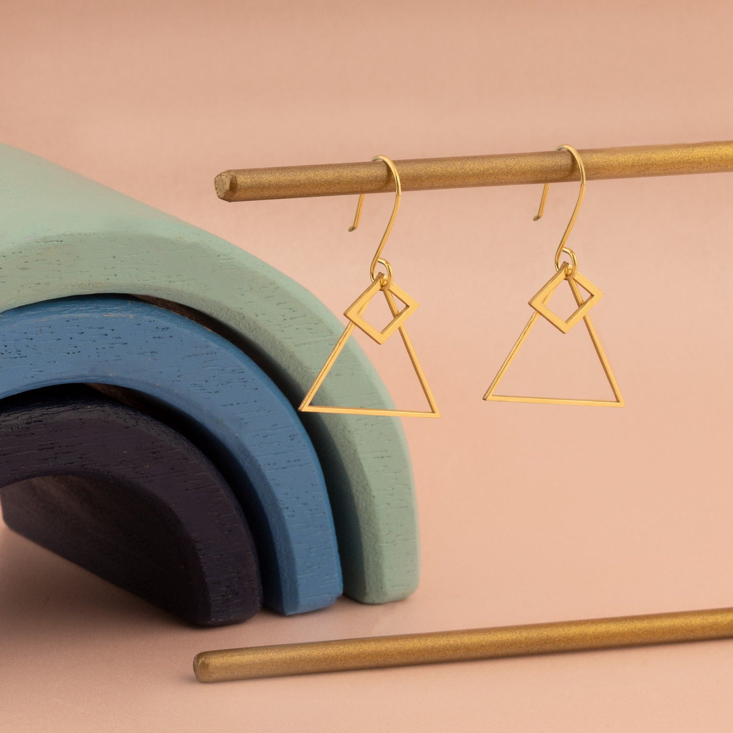 14K Solid Gold Double Triangle Dangle Earrings - Gold Jewellery - Dainty Geometric Earrings - Double Open Triangle Earring - Earrings Dangle