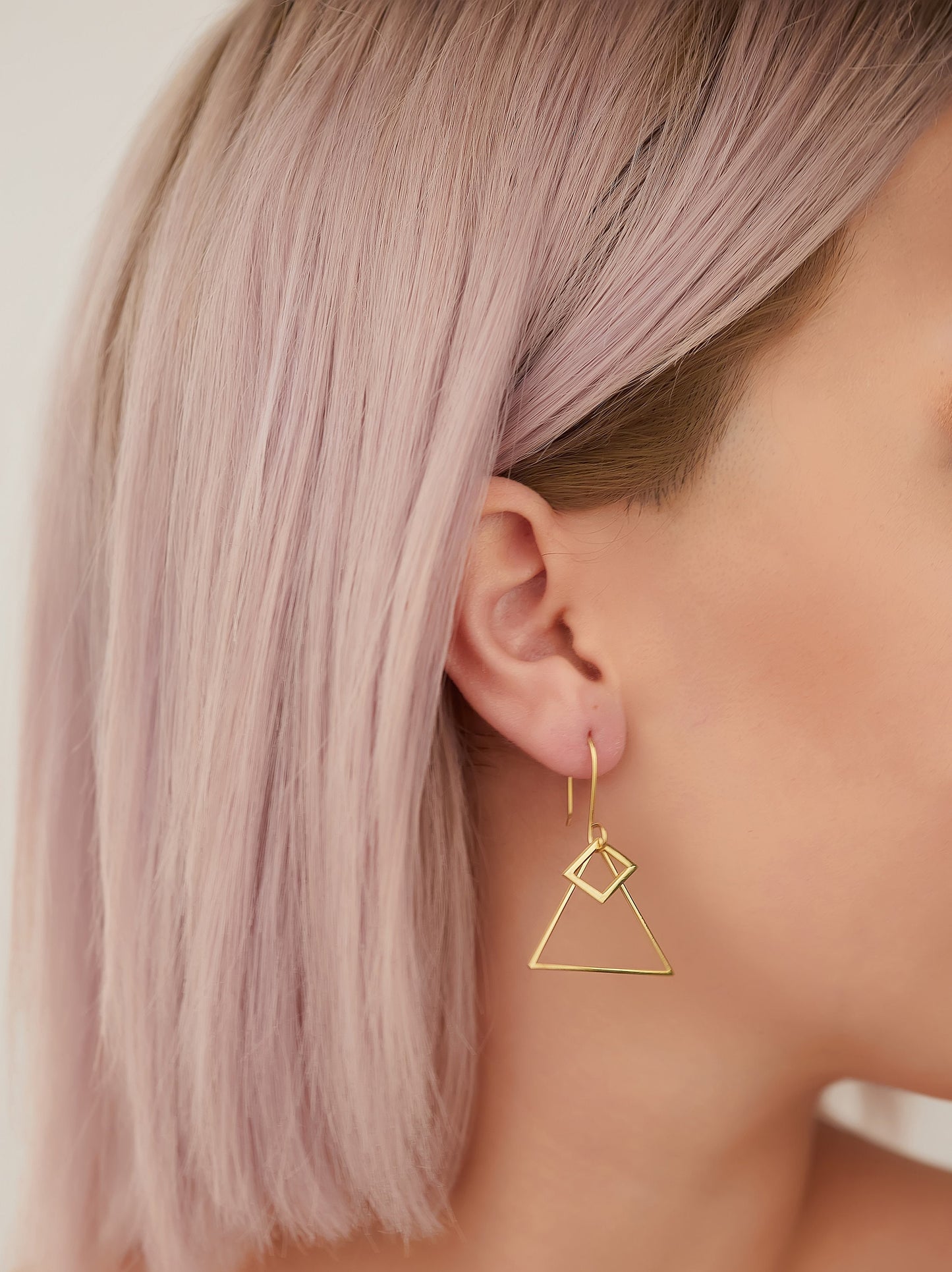 14K Solid Gold Double Triangle Dangle Earrings - Gold Jewellery - Dainty Geometric Earrings - Double Open Triangle Earring - Earrings Dangle