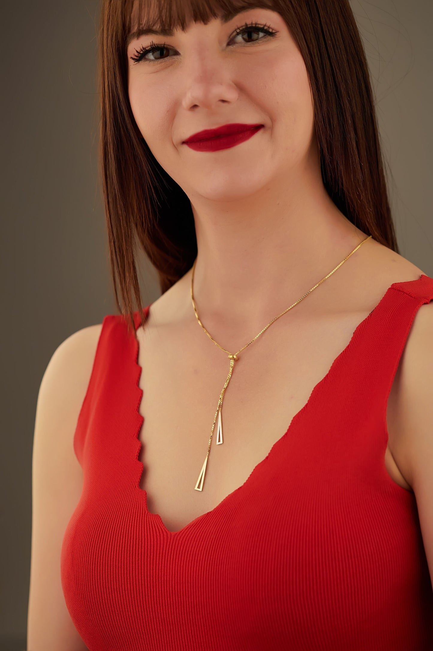 Right Triangle Lariat Necklace - Christmas Gift - Y Necklace - Zipper Necklace - Double Triangle Necklace - Box Chain Necklace -Gift for Her