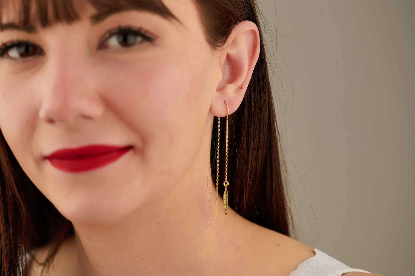 Threader Leaf Earring - Christmas Gift - Lariat Leaf Dangle Earring - Leaf Drop Stud - Nature Earring - Dainty Earring - Gift For Her