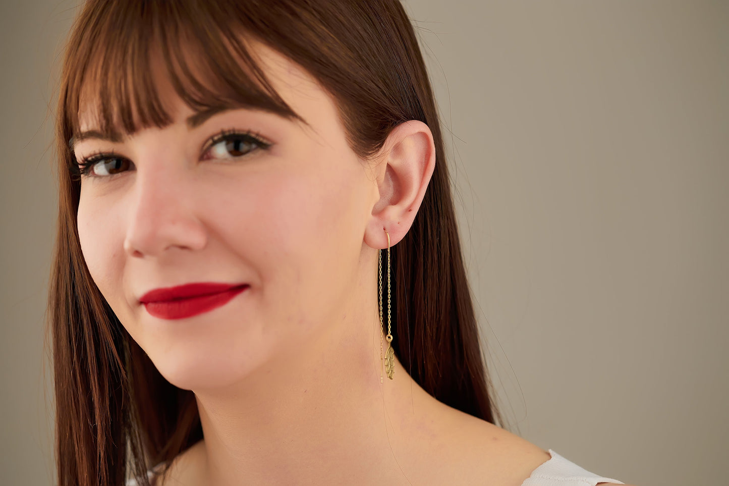 Threader Leaf Earring - Christmas Gift - Lariat Leaf Dangle Earring - Leaf Drop Stud - Nature Earring - Dainty Earring - Gift For Her