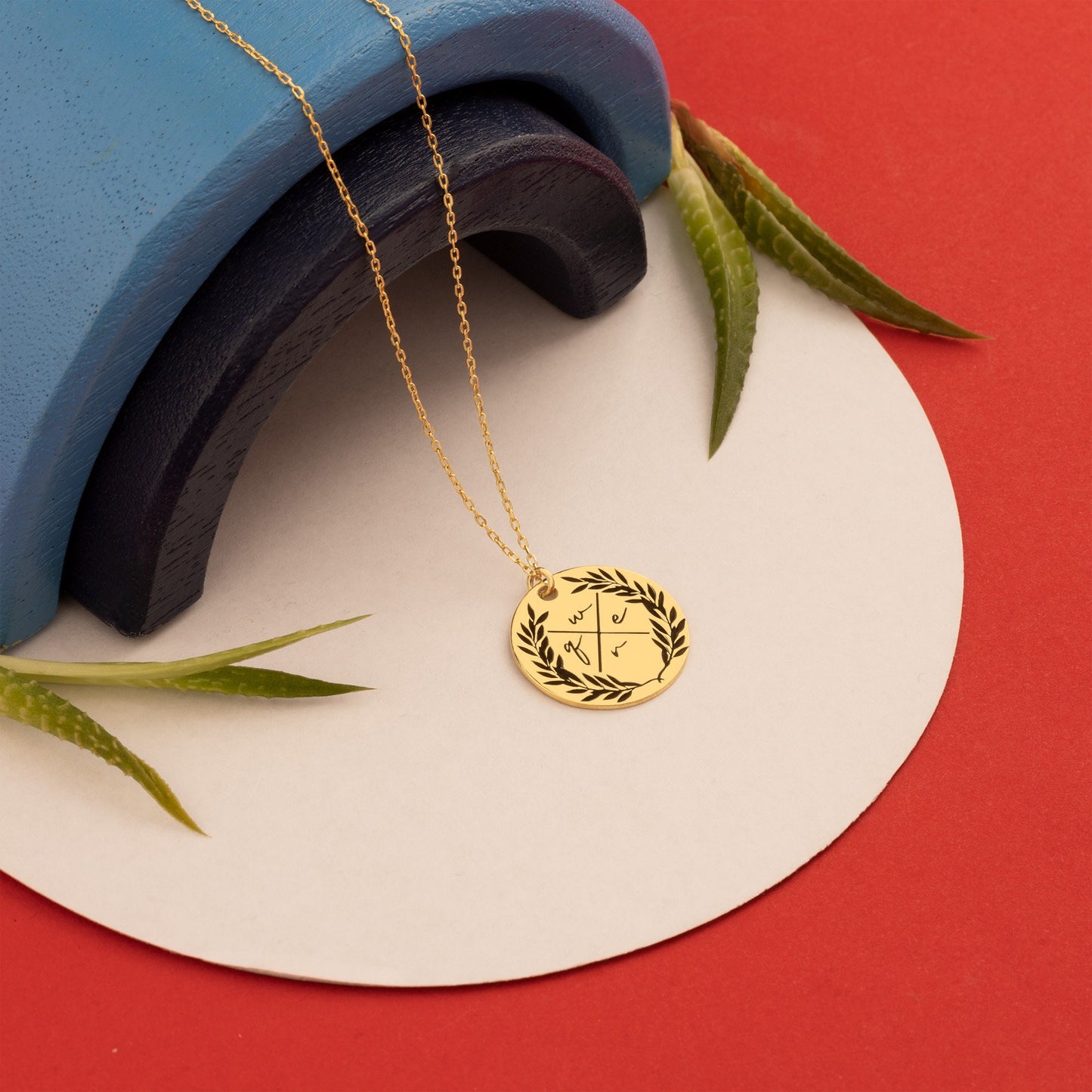 Family Initials Necklace - Gift for Her - Olive Branches Disc Necklace - Four Initial Pendant - Gift for Mother - Family Jewellery