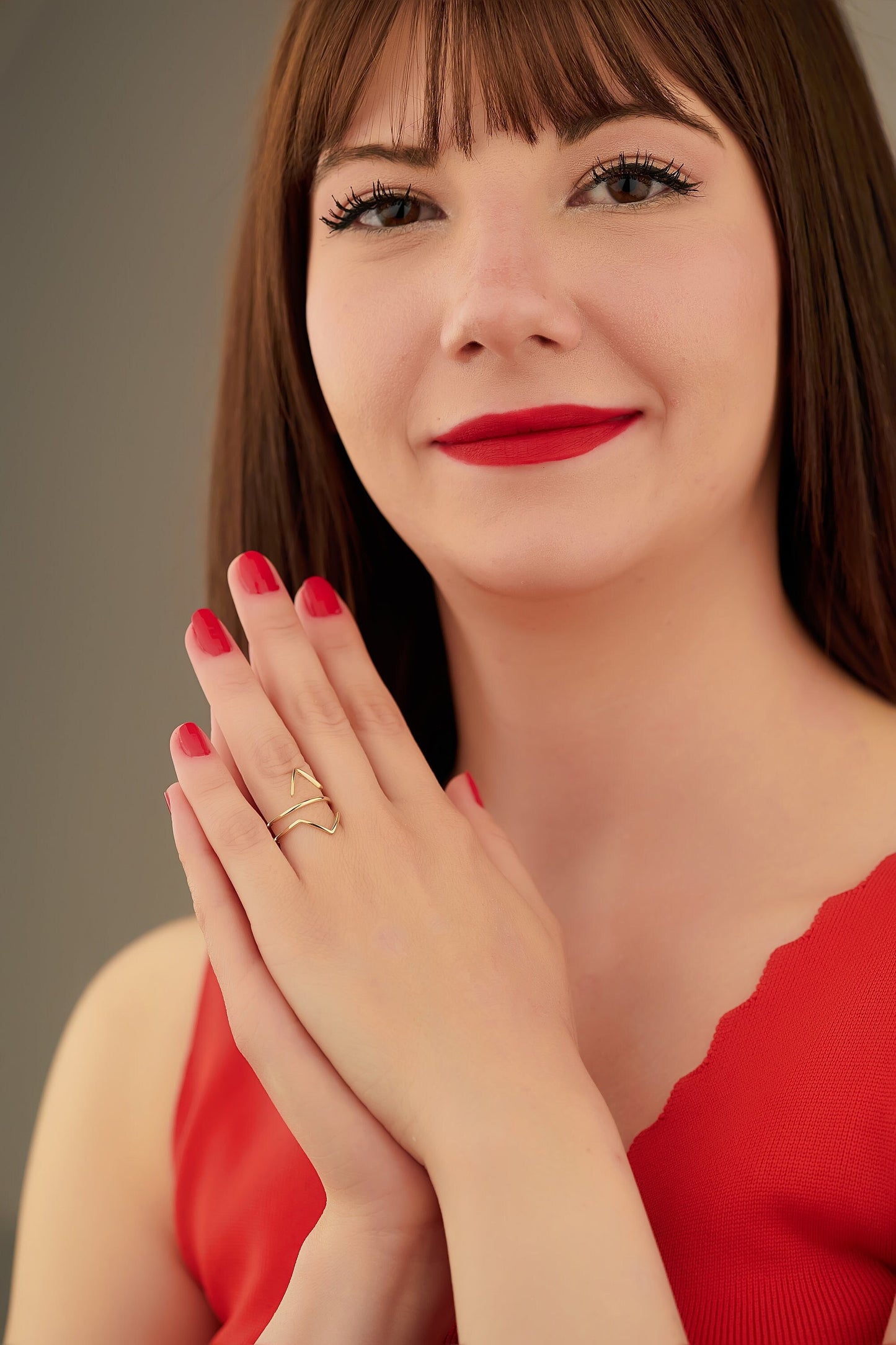 14K Solid Gold Splint Ring - Gold Double V Ring - 14K Solid Gold V Shape Finger Wrap Ring - Thumb Simple Ring - Spiral Dual V Ring for Women