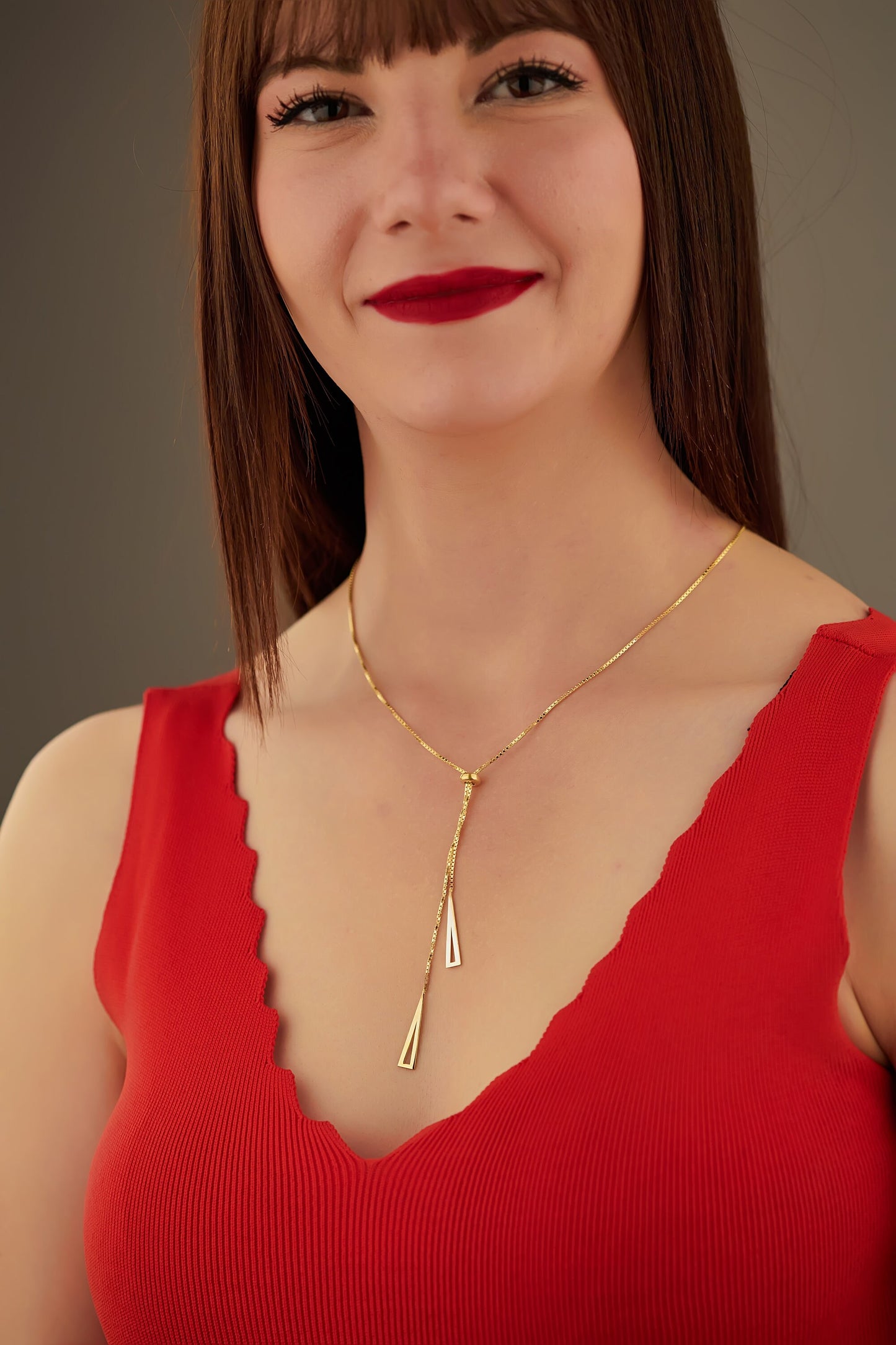Right Triangle Lariat Necklace - Christmas Gift - Y Necklace - Zipper Necklace - Double Triangle Necklace - Box Chain Necklace -Gift for Her