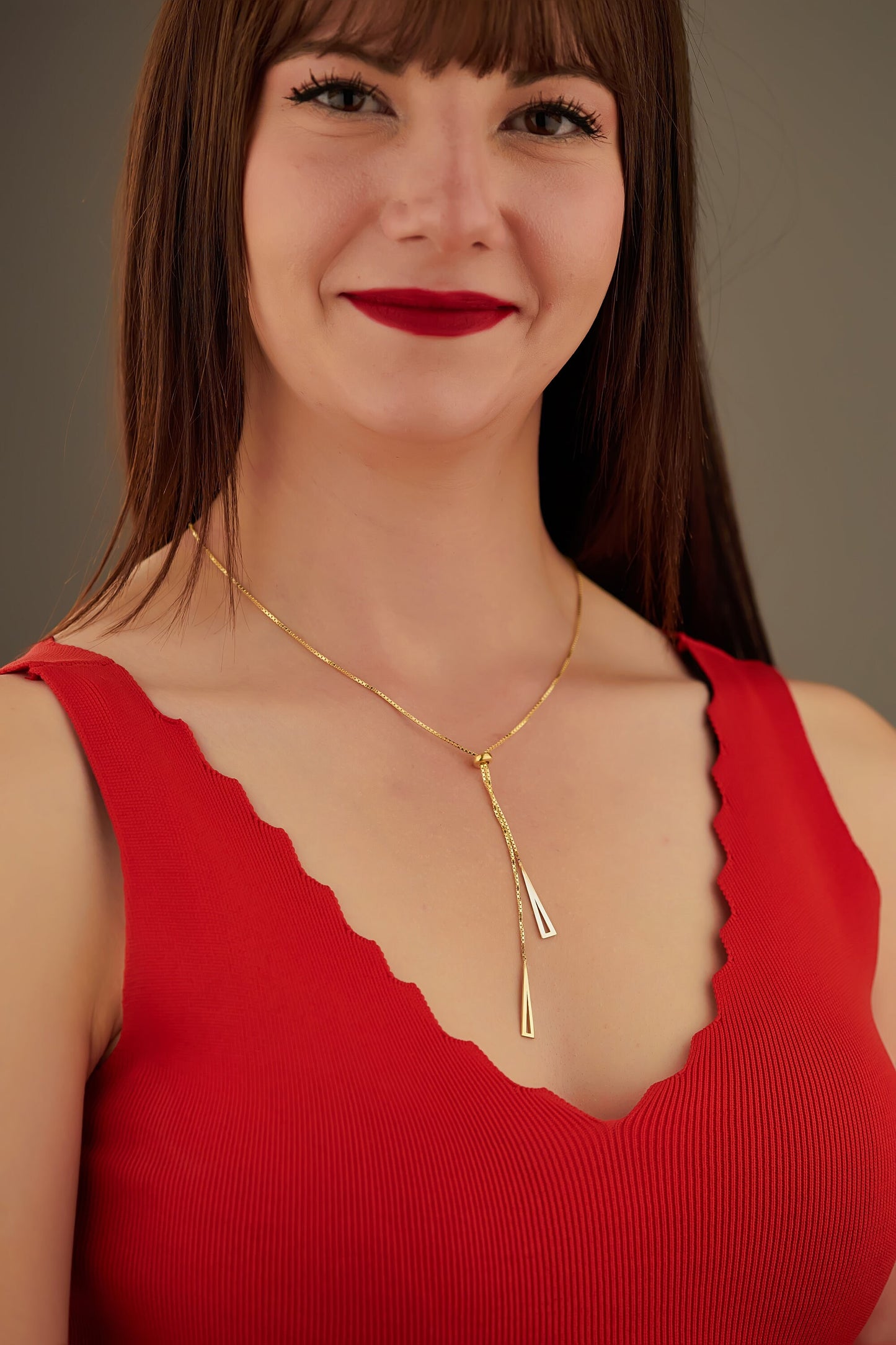Right Triangle Lariat Necklace - Christmas Gift - Y Necklace - Zipper Necklace - Double Triangle Necklace - Box Chain Necklace -Gift for Her