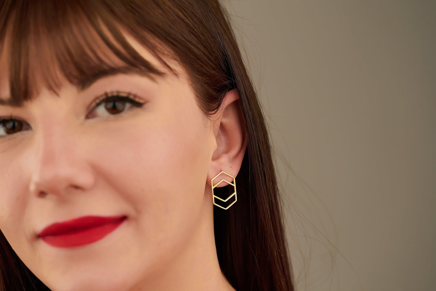 Double Hexagon Stud Earring - Christmas Gift - Gift for Her - Dainty Geometric Stud Earring - Double Open Hexagon Earring - Gift for Mother