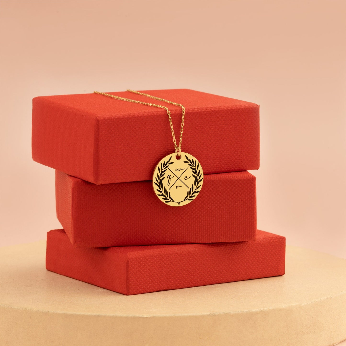 Family Initials Necklace - Gift for Her - Olive Branches Disc Necklace - Four Initial Pendant - Gift for Mother - Family Jewellery