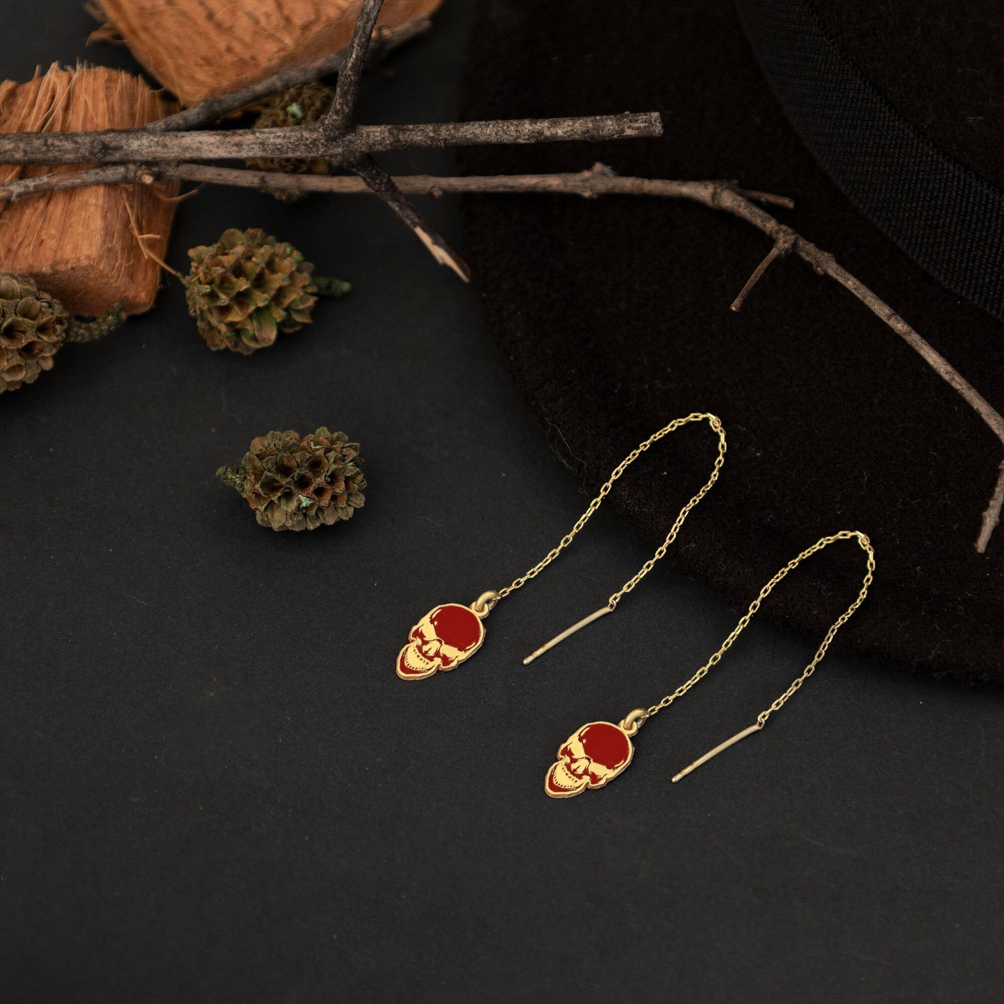 Enamel Skull Earrings - Halloween Earrings - Threader Skull Earrings - Red Skull Earring - Red Skull Scary Earring - Gift for Her