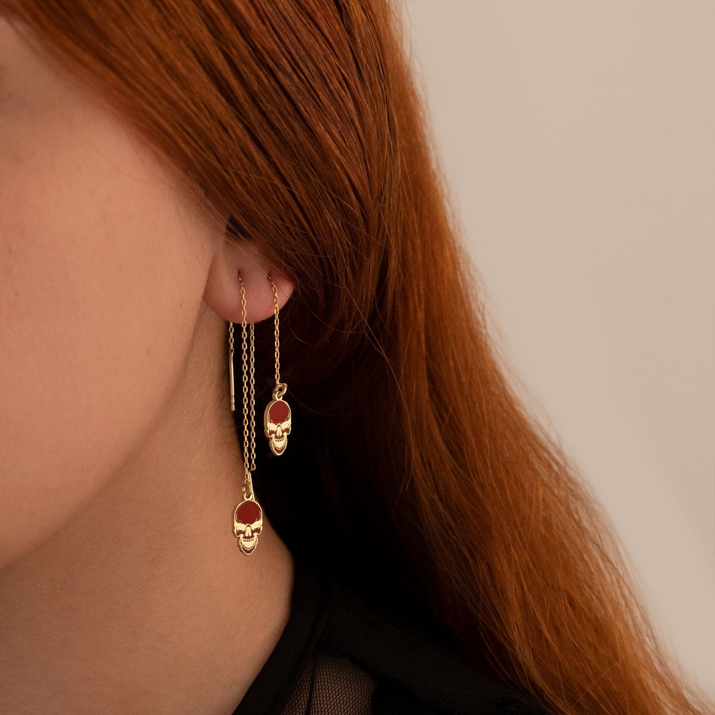 Enamel Skull Earrings - Halloween Earrings - Threader Skull Earrings - Red Skull Earring - Red Skull Scary Earring - Gift for Her