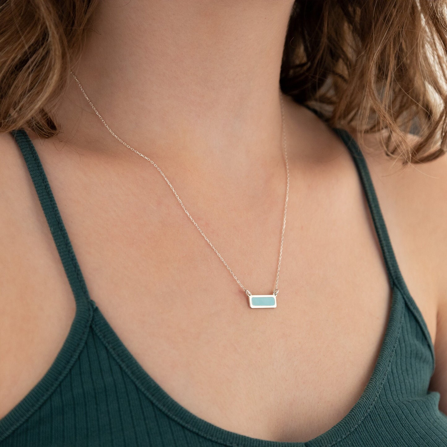 Enamel Rectangle Bar Necklace - Turquoise Necklace - Geometric Necklace - Minimalist Necklace - Gift for Mother - Gift for Her