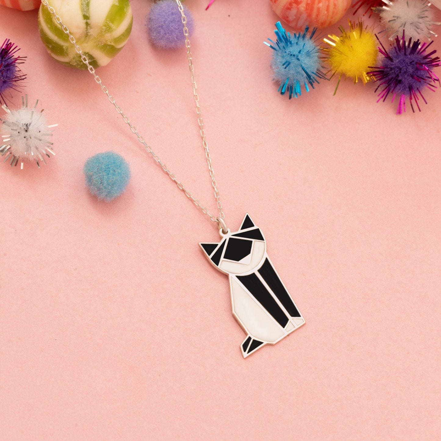 Enamel Cat Necklace - Christmas Gift - Silver Black and White Cat Necklace - Cat Lover Gift - Pet Jewelry - Gift for Her - Gift for Kids