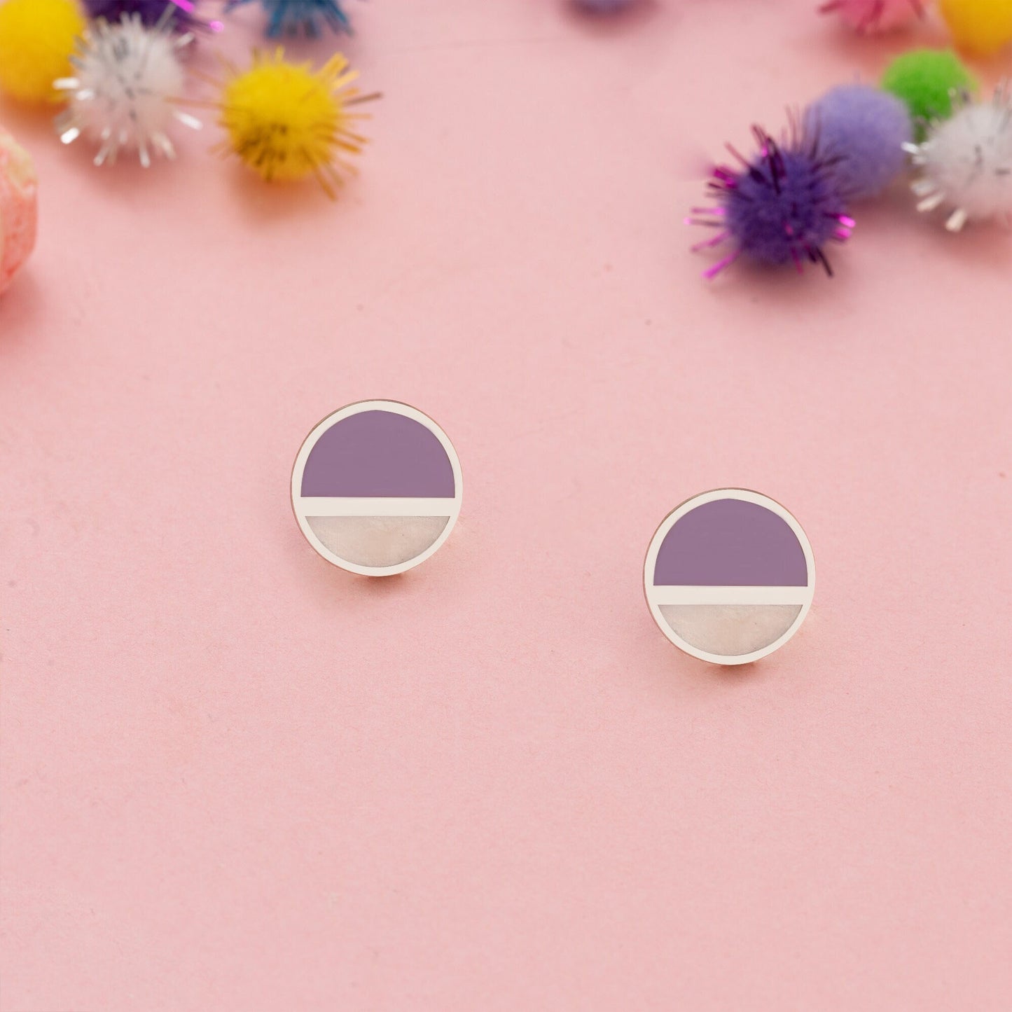 Two Colours Round Threader Earrings - Circular Earring - Geometric Enamel Earrings - Dainty Earrings - Gift for Mother - Gift for Her