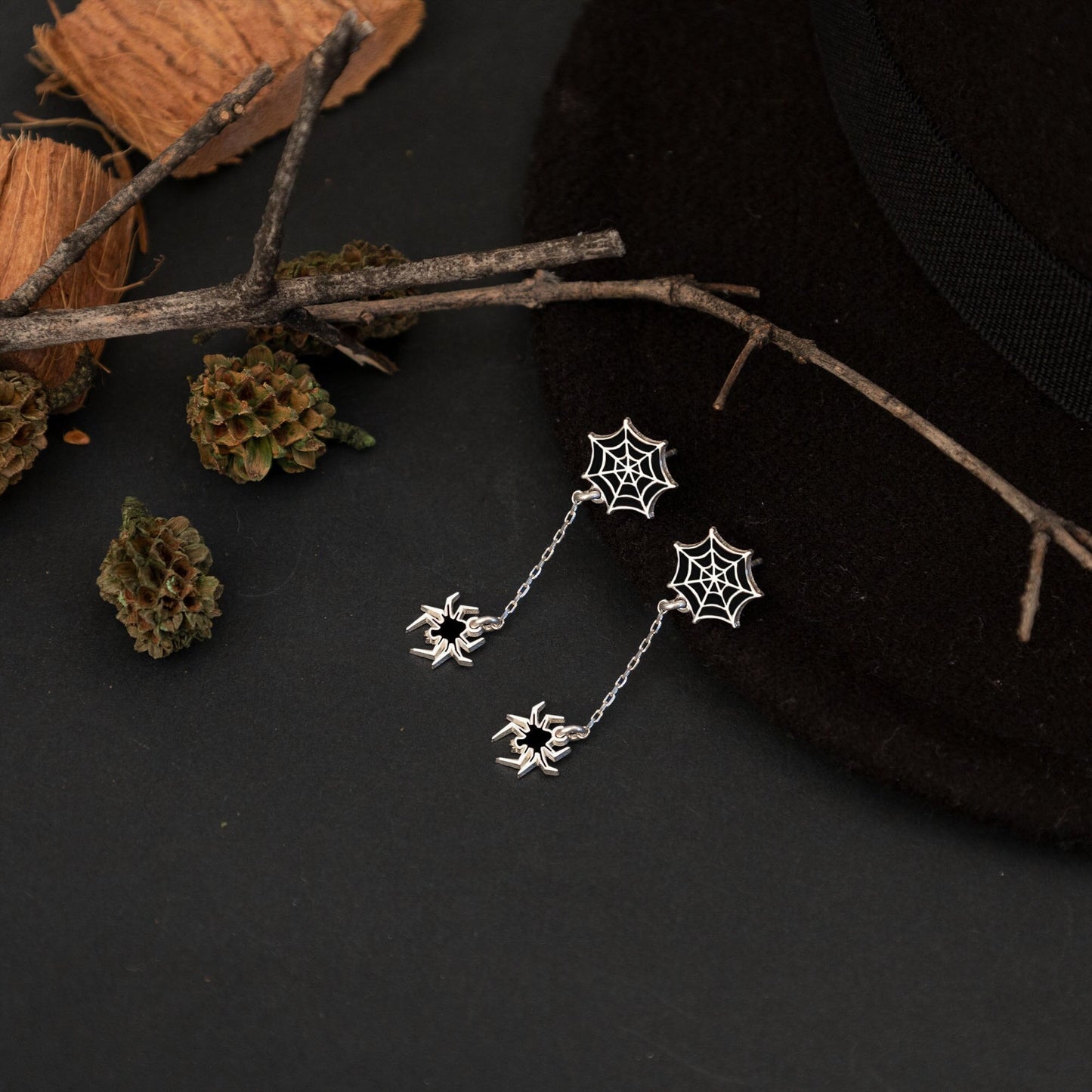 Spider Web Dangle and Drope Earrings - Halloween Earrings - Enamel Spider Web Earring - Black Spider Earring - Gift For Kids - Gift for Her
