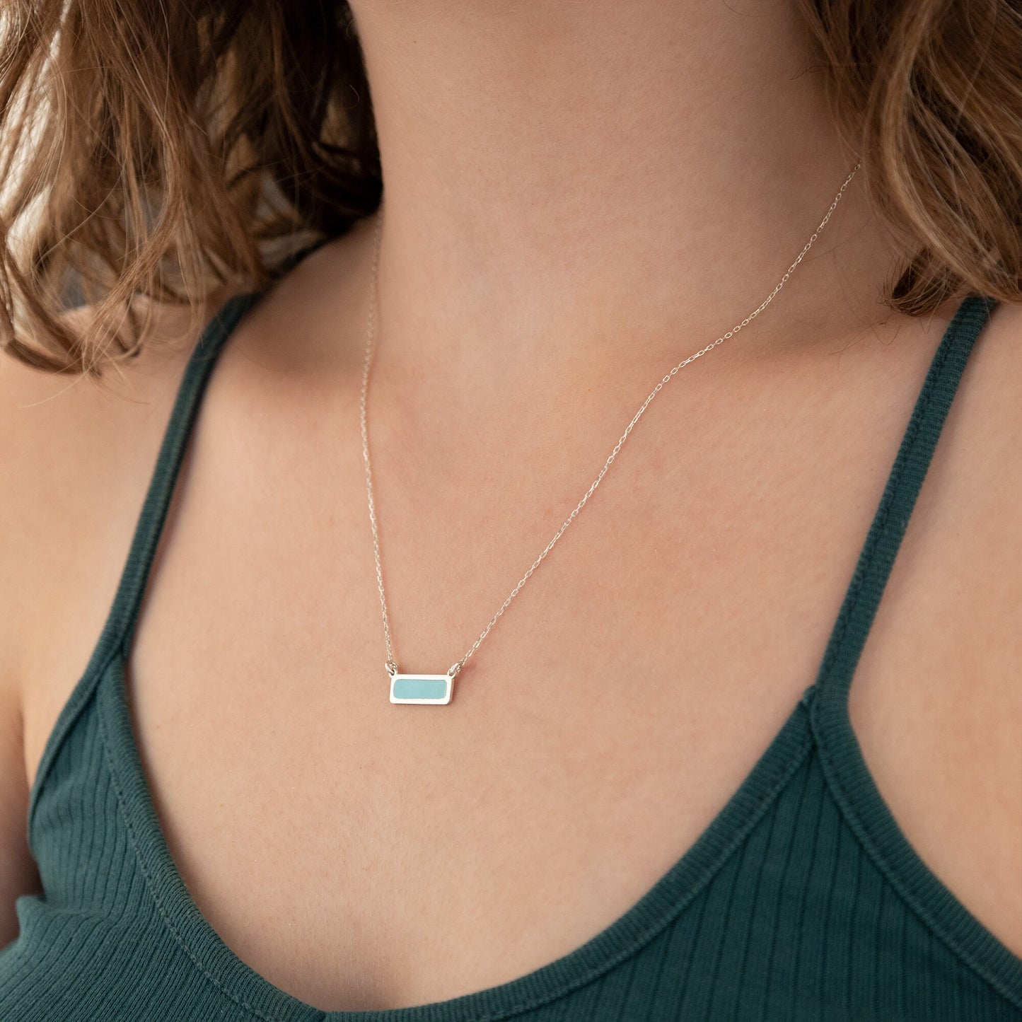 Enamel Rectangle Bar Necklace - Turquoise Necklace - Geometric Necklace - Minimalist Necklace - Gift for Mother - Gift for Her