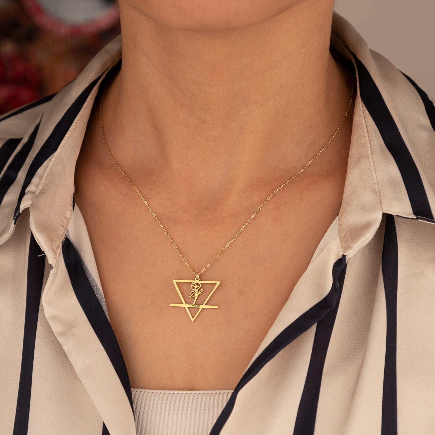 Personalized Birth Flower Gold Necklace, Christmas Gifts, Custom Birth Flower & Element Necklace, Geometric Birthday Pendant, Birthday Gifts