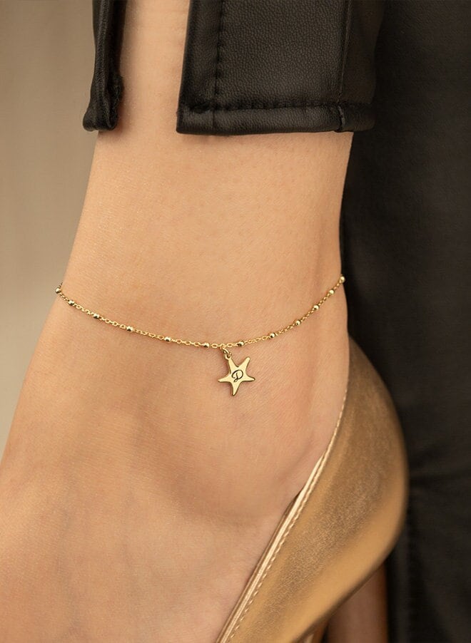 Beaded Chain Personalized Letter Starfish Anklet Bracelet - Ankle Initial Bracelet - Beaded Chain Anklet - Anklets for Women - Gift for Her