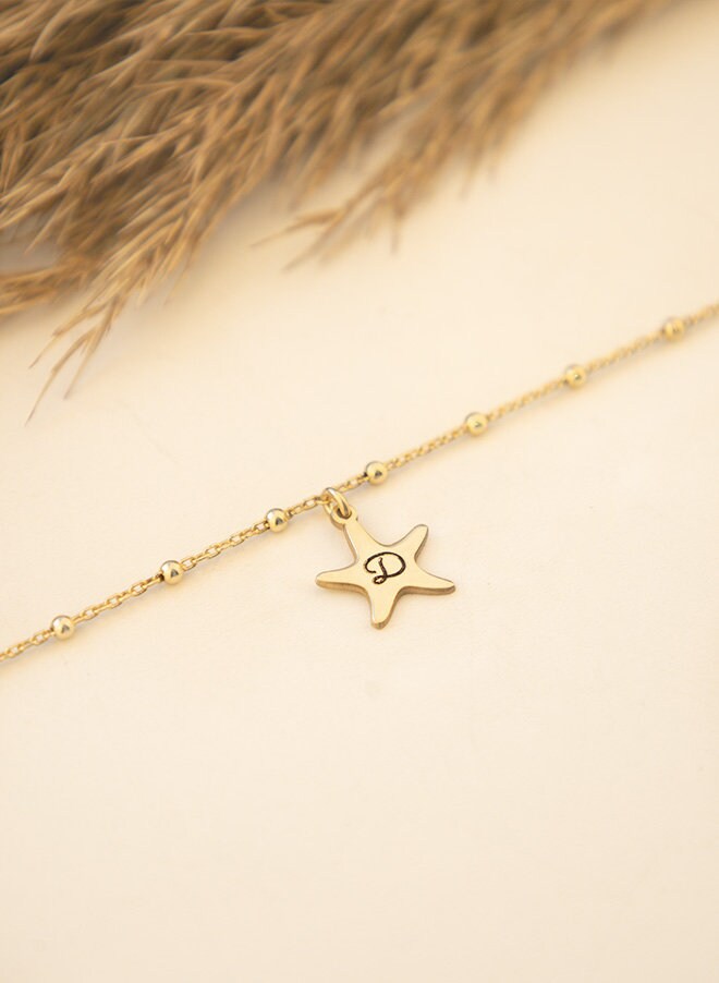 Beaded Chain Personalized Letter Starfish Anklet Bracelet - Ankle Initial Bracelet - Beaded Chain Anklet - Anklets for Women - Gift for Her