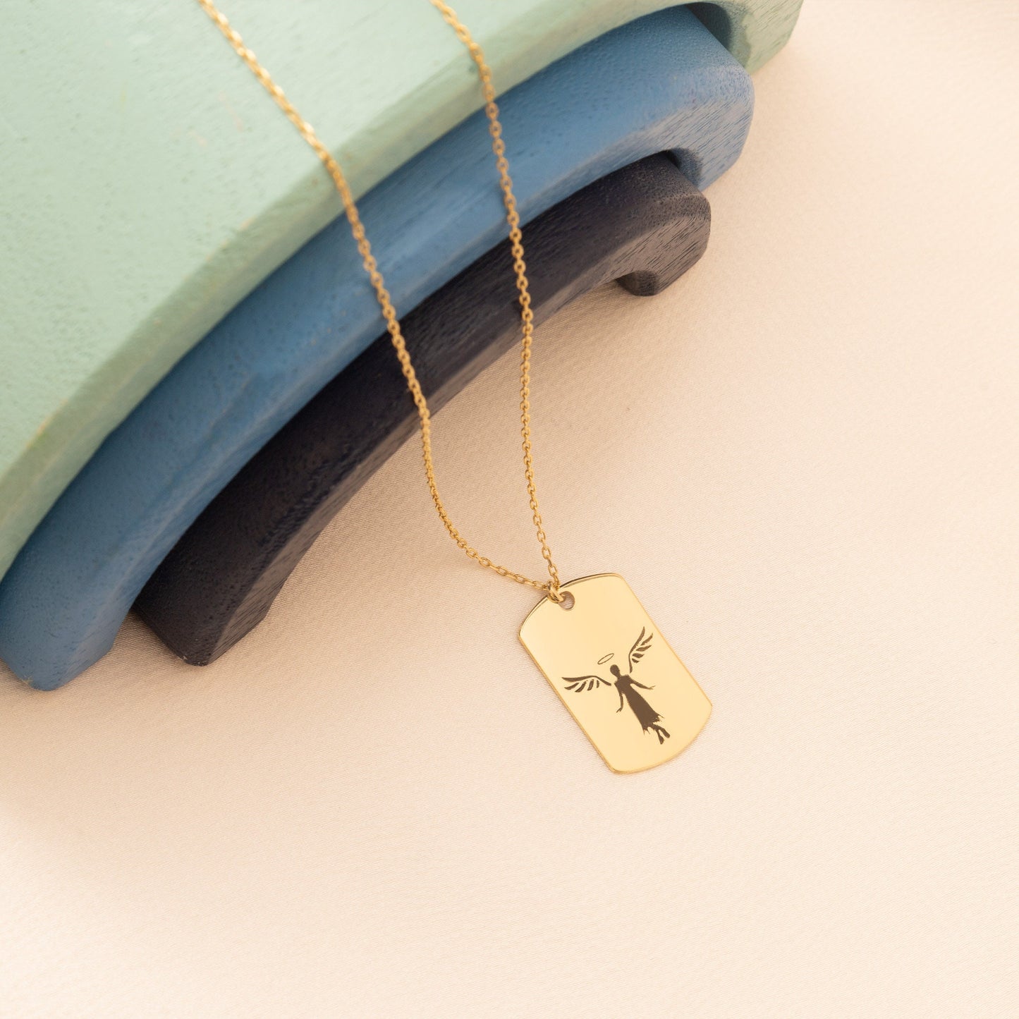 Protection Angel Necklace - Gift for Her - Gold Angel Rectangle Necklace - Gift for Mother - Guardian Angel Medal - Religious Gift For Women