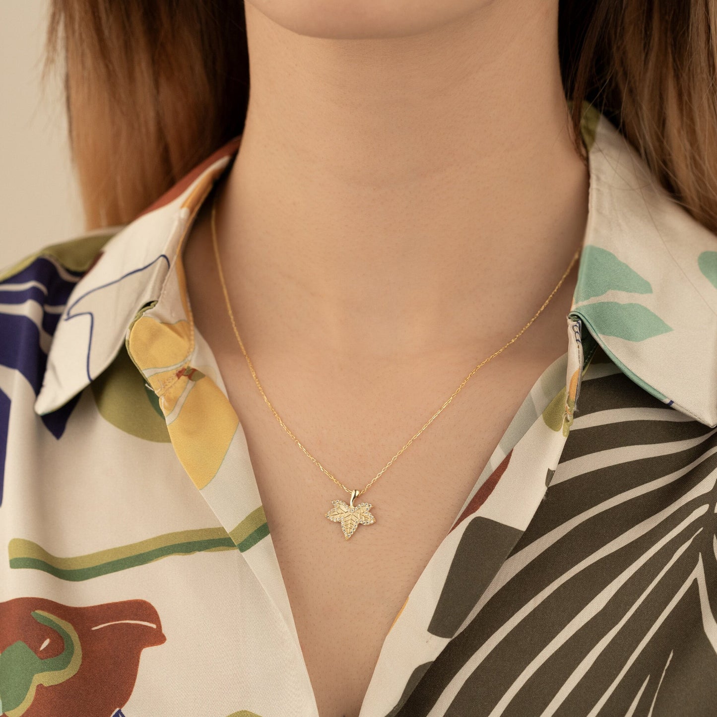 Gold Diamond Maple Leaf Necklace - Gift for Her - Pave Jewellery - 925 Silver Lucky Leaf Necklace - Natural Jewellery - 3D Jewellery