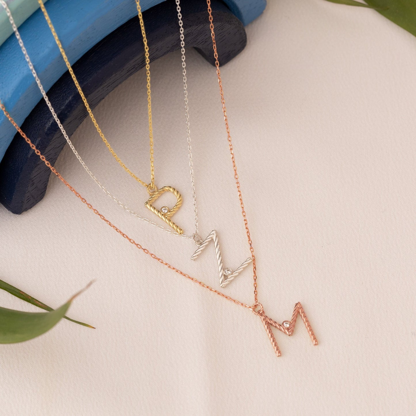 Personalised Gold Twisted Big Initial Necklace With CZ Stone - Diamond Letter Necklace - Twisted Custom Letter - Mother Gift, Name Jewellery