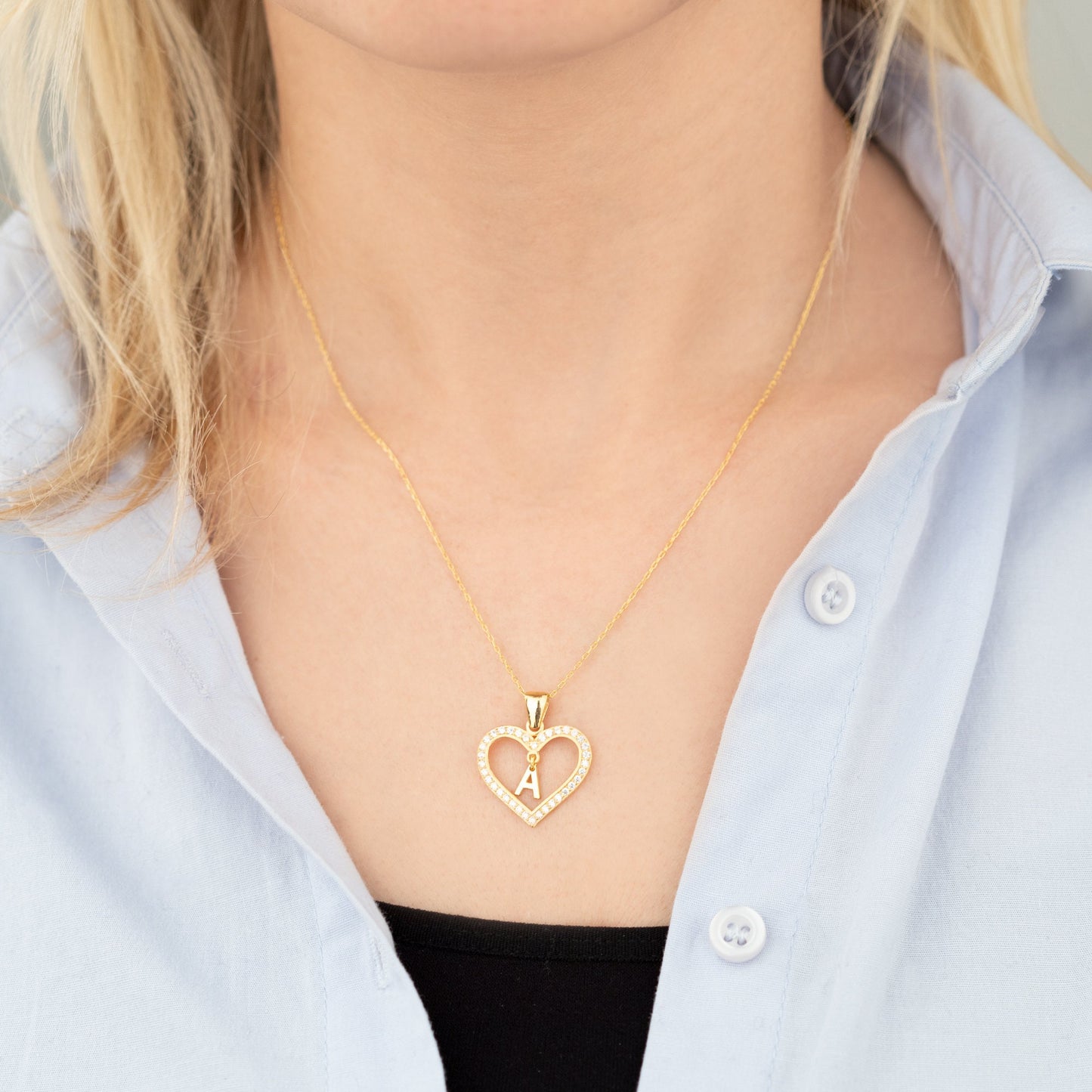 Personalised Pave Initial Heart Gold Necklace - Gold Pave Heart Necklace - Dangle Letter Necklace - Personalized Gift - Name Jewellery