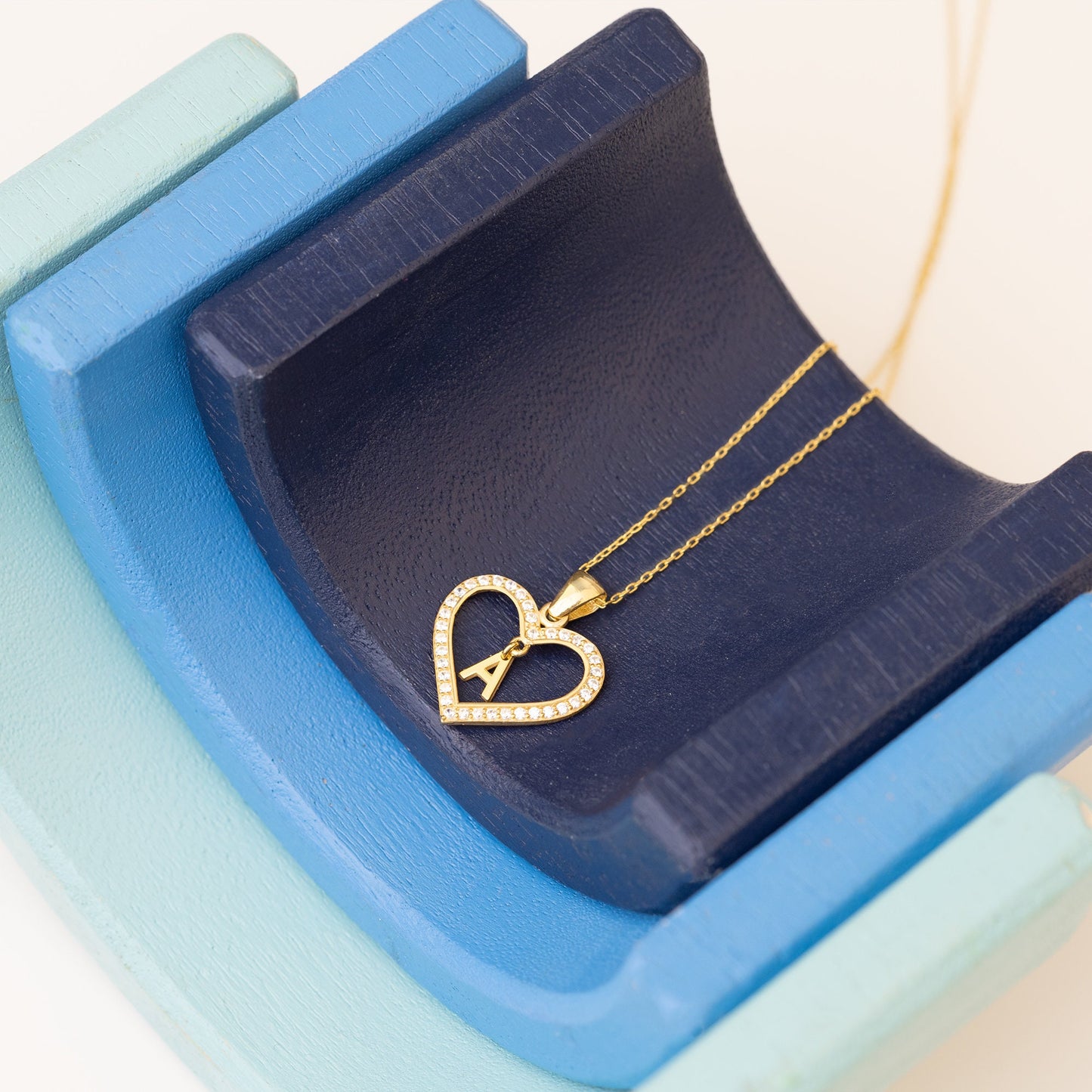 Personalised Pave Initial Heart Gold Necklace - Gold Pave Heart Necklace - Dangle Letter Necklace - Personalized Gift - Name Jewellery