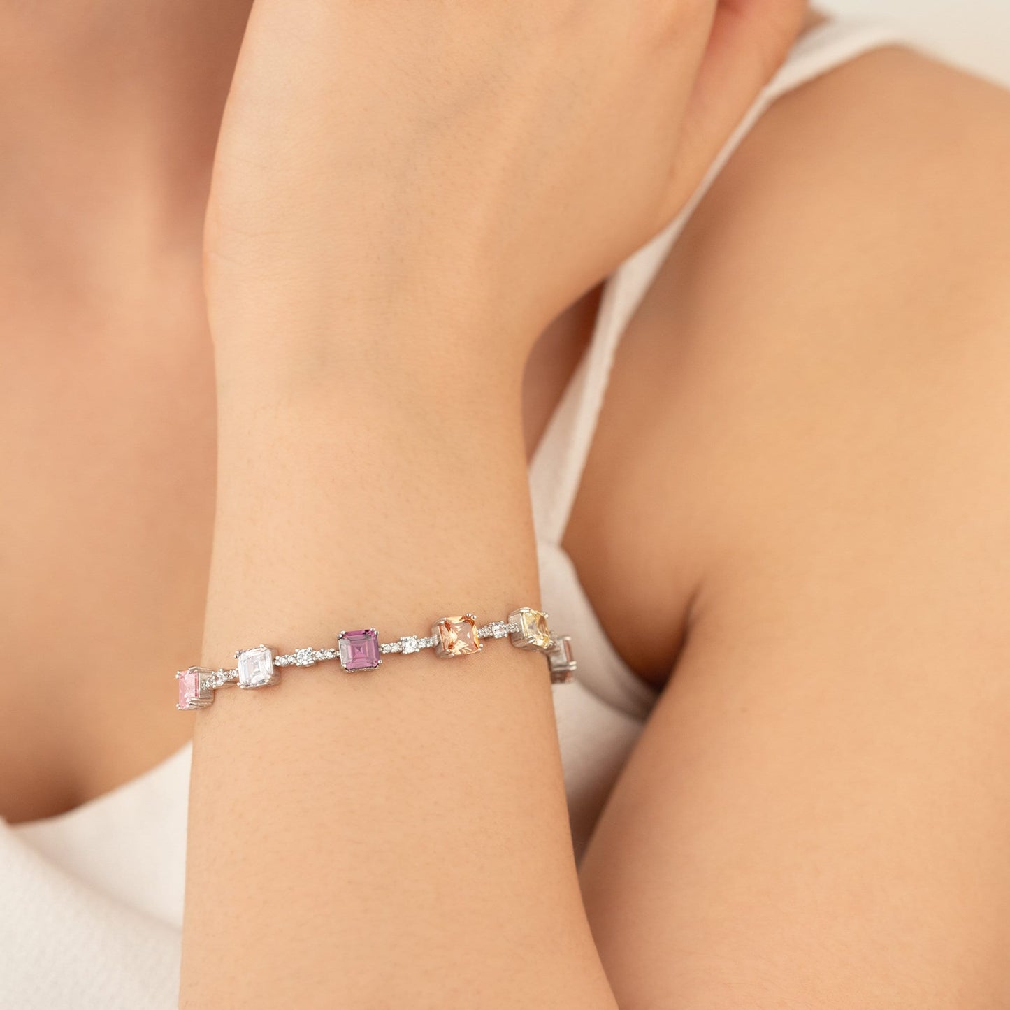 Asscher Cut Simulated Diamond Tennis Bracelet - Multi-Color Tennis Bracelet - Asscher Cubic Zirconia Bracelet - Gift for Her - Pave Bracelet