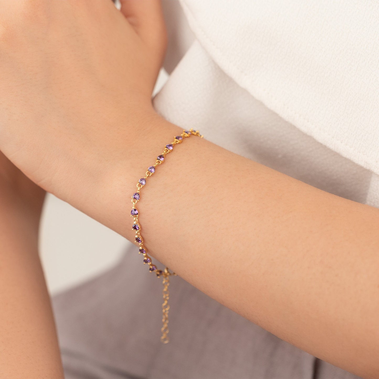 Tennis Bracelet - Amethyst Tennis Bracelet Heart Shape - Cubic Zirconia Amethyst Bracelet - Bride Jewelry Pave Bracelet - Handmade Jewellery