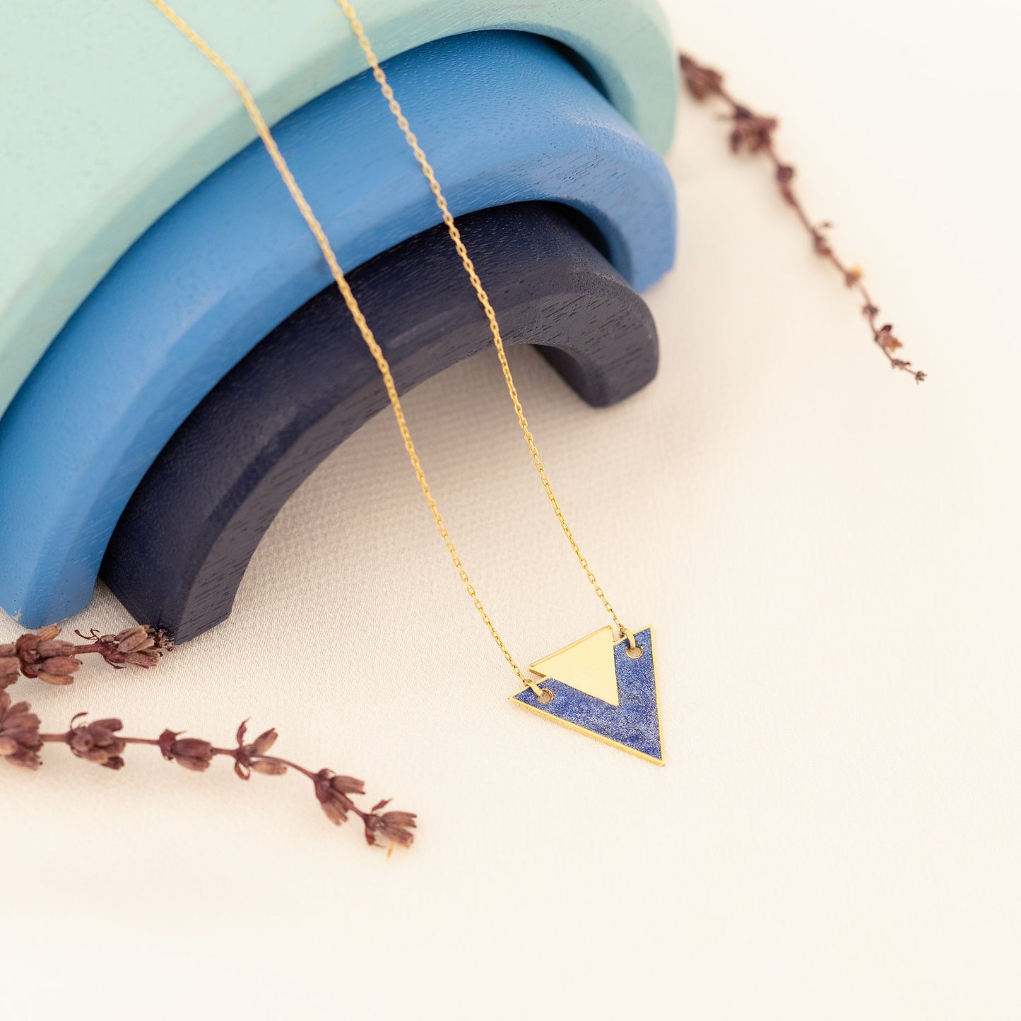 Blue Enamel Double Triangle Necklace - Gold Enamel Diamond Shape Necklace - Gift For Her - Diamond Symbol Necklace - Handmade Jewellery