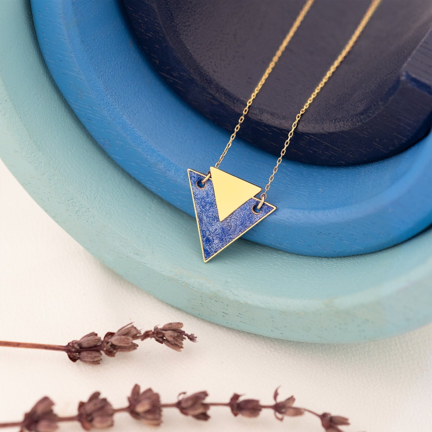 Blue Enamel Double Triangle Necklace - Gold Enamel Diamond Shape Necklace - Gift For Her - Diamond Symbol Necklace - Handmade Jewellery