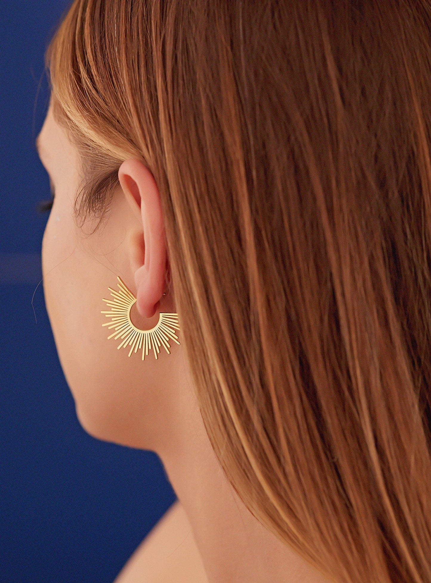 14K Sunburst Earrings - Christmas Gift - 14K Gold Sunshine Earrings - Solid Gold Half Sunbeam Earrings for Women - Dainty Celestial Studs