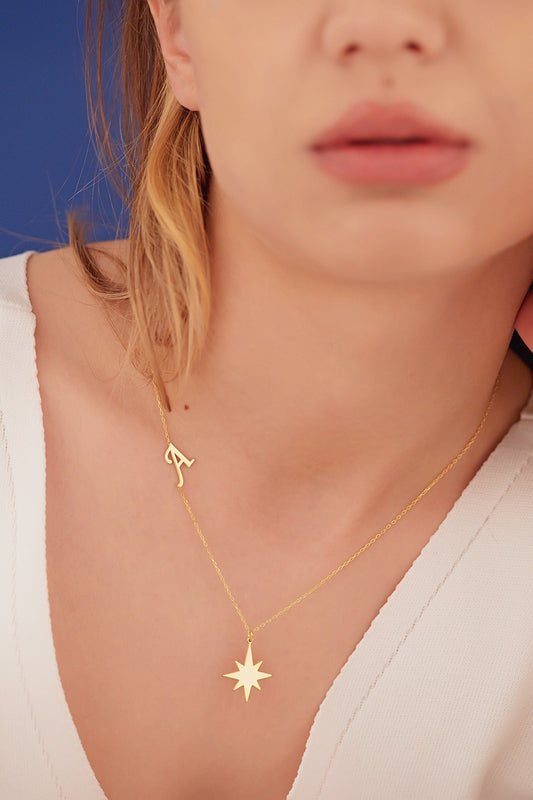Initial Pole Star Necklace - Christmas Gift - Dainty Letter Star Necklace - North Star Necklace - Minimalist Pendant - Compass Necklace