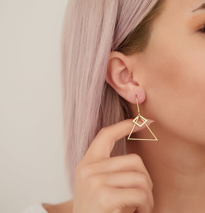 Double Triangle Dangle Earrings - Christmas Gift - Dainty Geometric Drop Earrings - Double Open Triangle Earring - Gift for Her