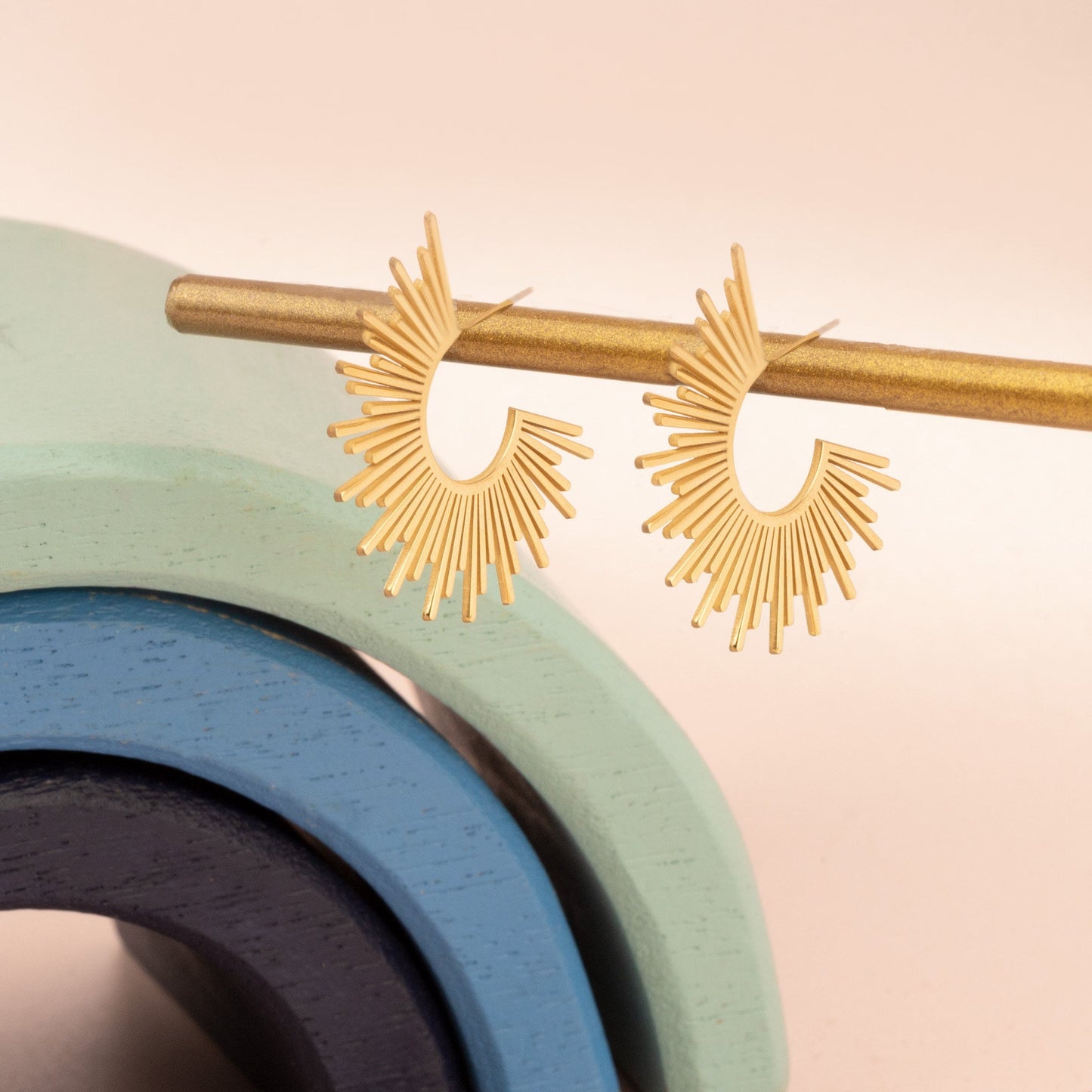 14K Sunburst Earrings - Christmas Gift - 14K Gold Sunshine Earrings - Solid Gold Half Sunbeam Earrings for Women - Dainty Celestial Studs