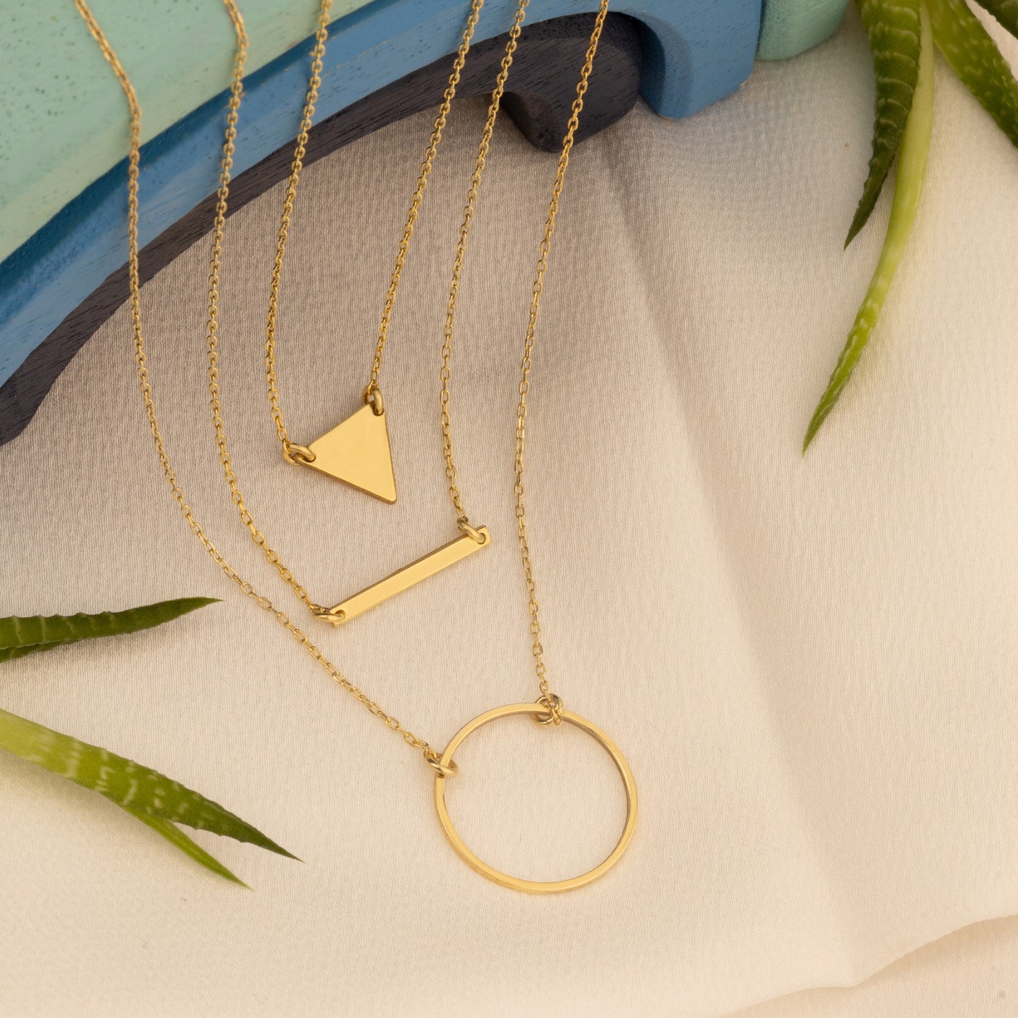 Three Layered Necklace - Christmas Gift - Triple Chain Lariat Necklace - Bar Necklace - Triangle Necklace - Round Necklace