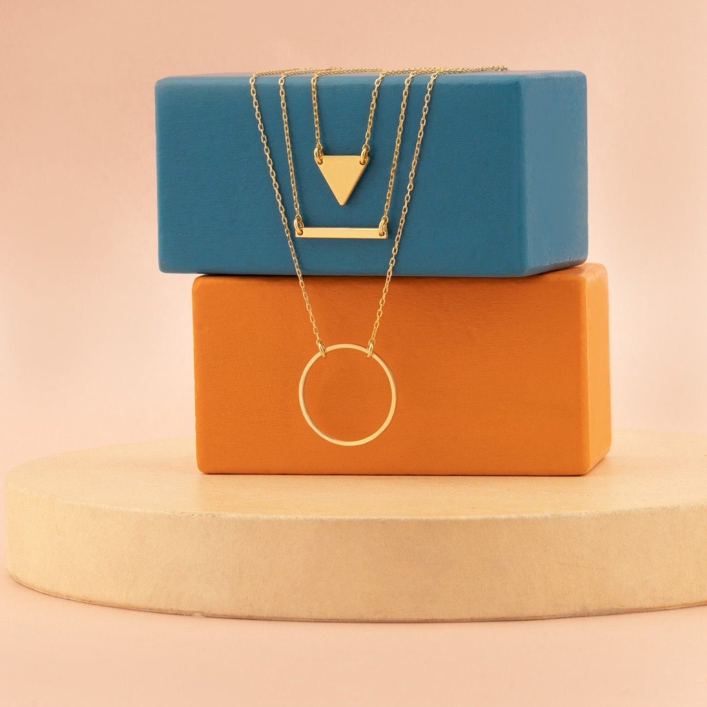 Three Layered Necklace - Christmas Gift - Triple Chain Lariat Necklace - Bar Necklace - Triangle Necklace - Round Necklace