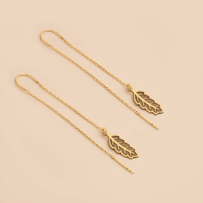 Threader Leaf Earring - Christmas Gift - Lariat Leaf Dangle Earring  - Leaf Drop Stud - Nature Earring - Dainty Earring - Gift For Her