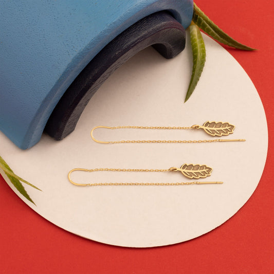 Threader Leaf Earring - Christmas Gift - Lariat Leaf Dangle Earring  - Leaf Drop Stud - Nature Earring - Dainty Earring - Gift For Her