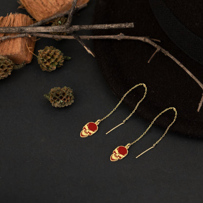 Enamel Skull Earrings - Halloween Earrings - Threader Skull Earrings - Red Skull Earring - Red Skull Scary Earring - Gift for Her