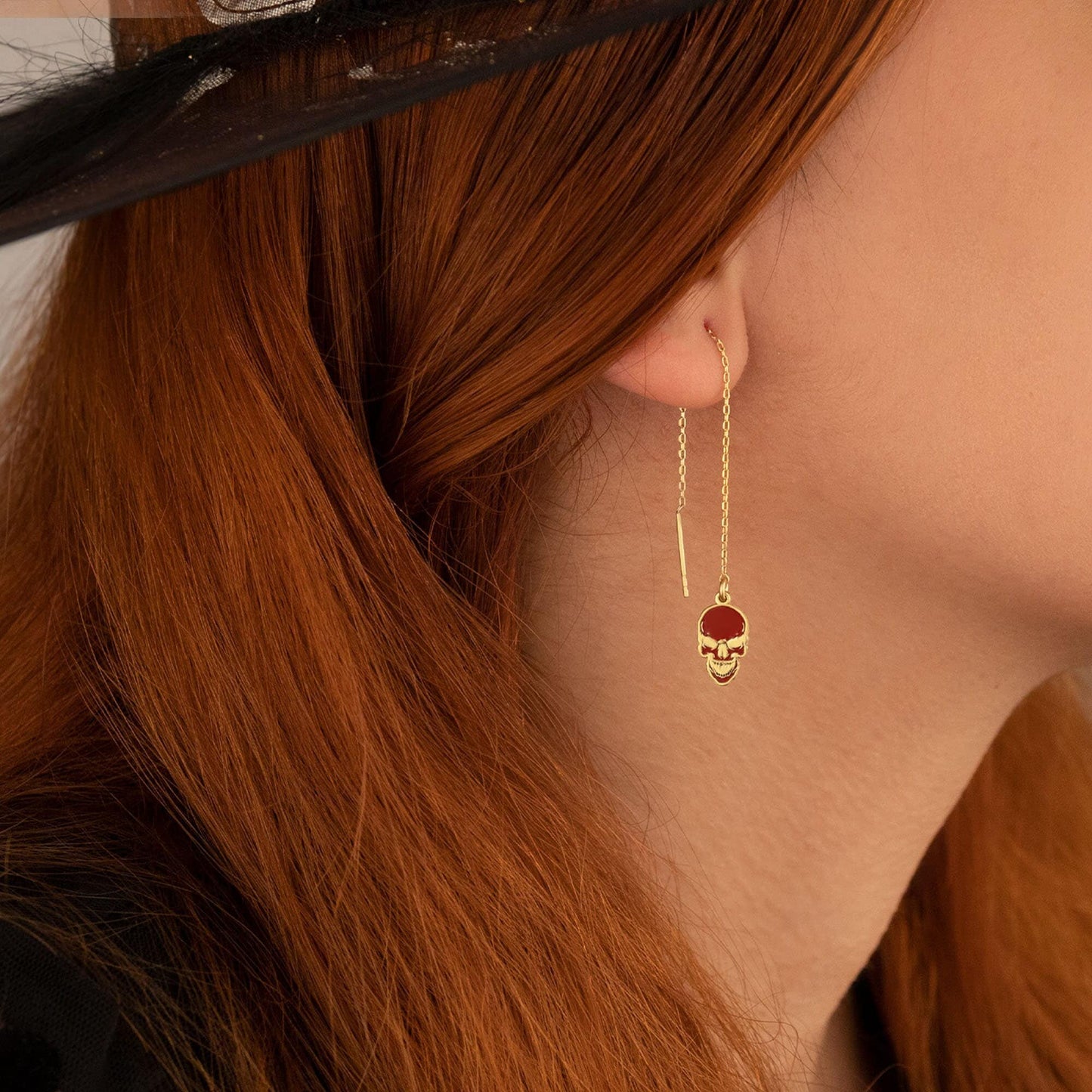 Enamel Skull Earrings - Halloween Earrings - Threader Skull Earrings - Red Skull Earring - Red Skull Scary Earring - Gift for Her
