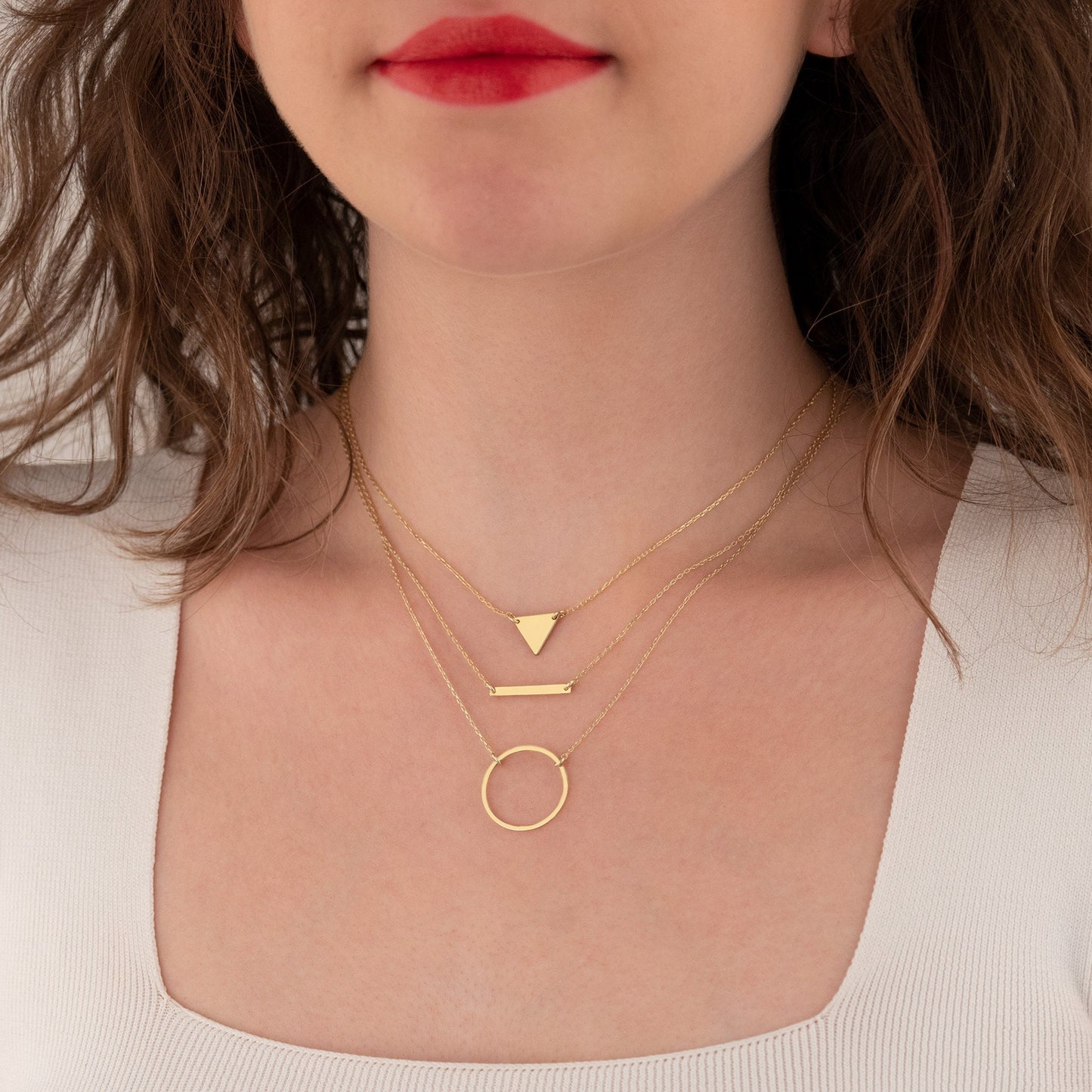 Three Layered Necklace - Christmas Gift - Triple Chain Lariat Necklace - Bar Necklace - Triangle Necklace - Round Necklace