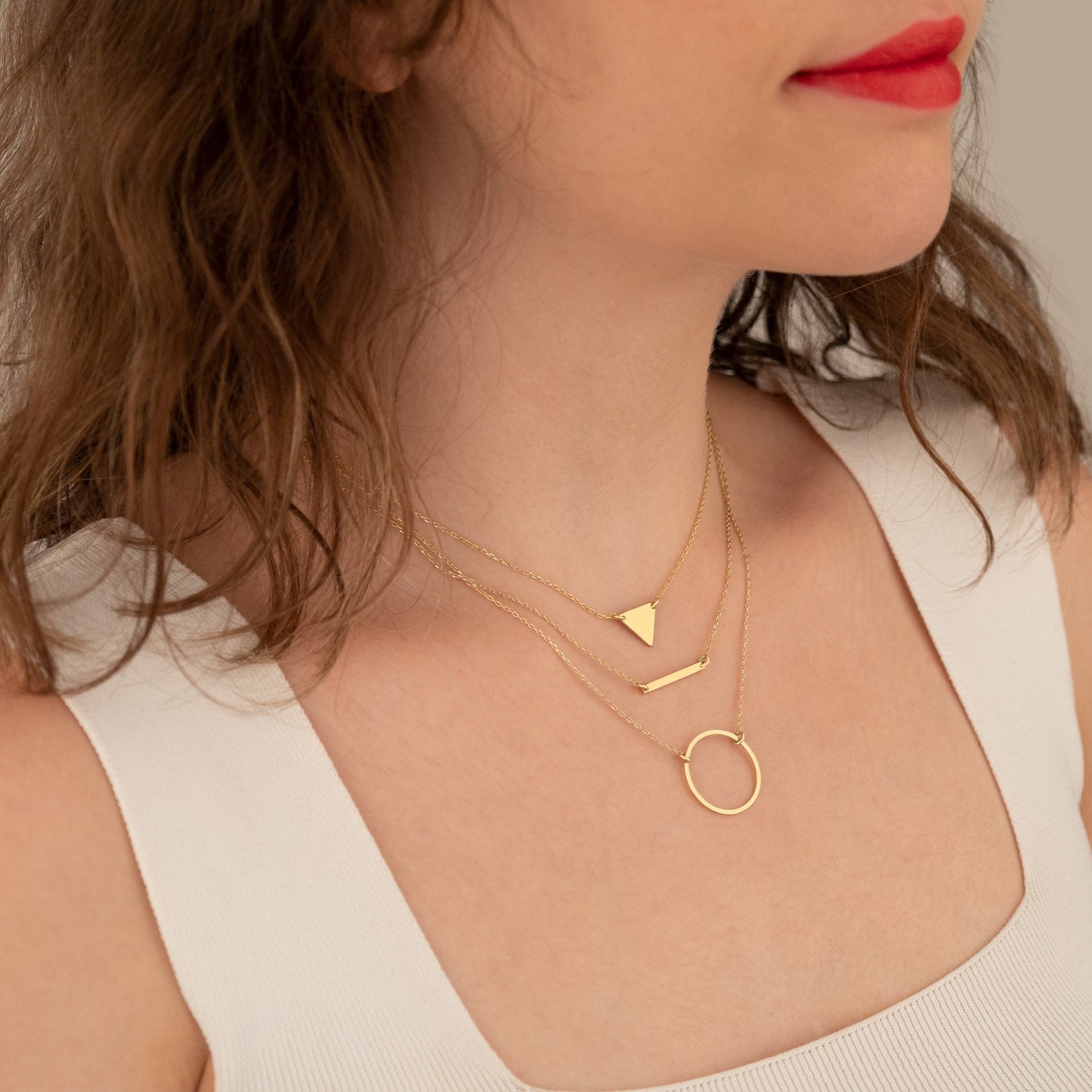 Three Layered Necklace - Christmas Gift - Triple Chain Lariat Necklace - Bar Necklace - Triangle Necklace - Round Necklace