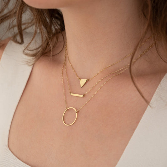 Three Layered Necklace - Christmas Gift - Triple Chain Lariat Necklace - Bar Necklace - Triangle Necklace - Round Necklace