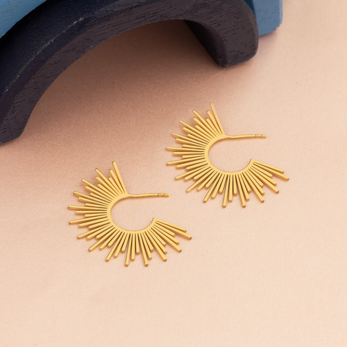14K Sunburst Earrings - Christmas Gift - 14K Gold Sunshine Earrings - Solid Gold Half Sunbeam Earrings for Women - Dainty Celestial Studs
