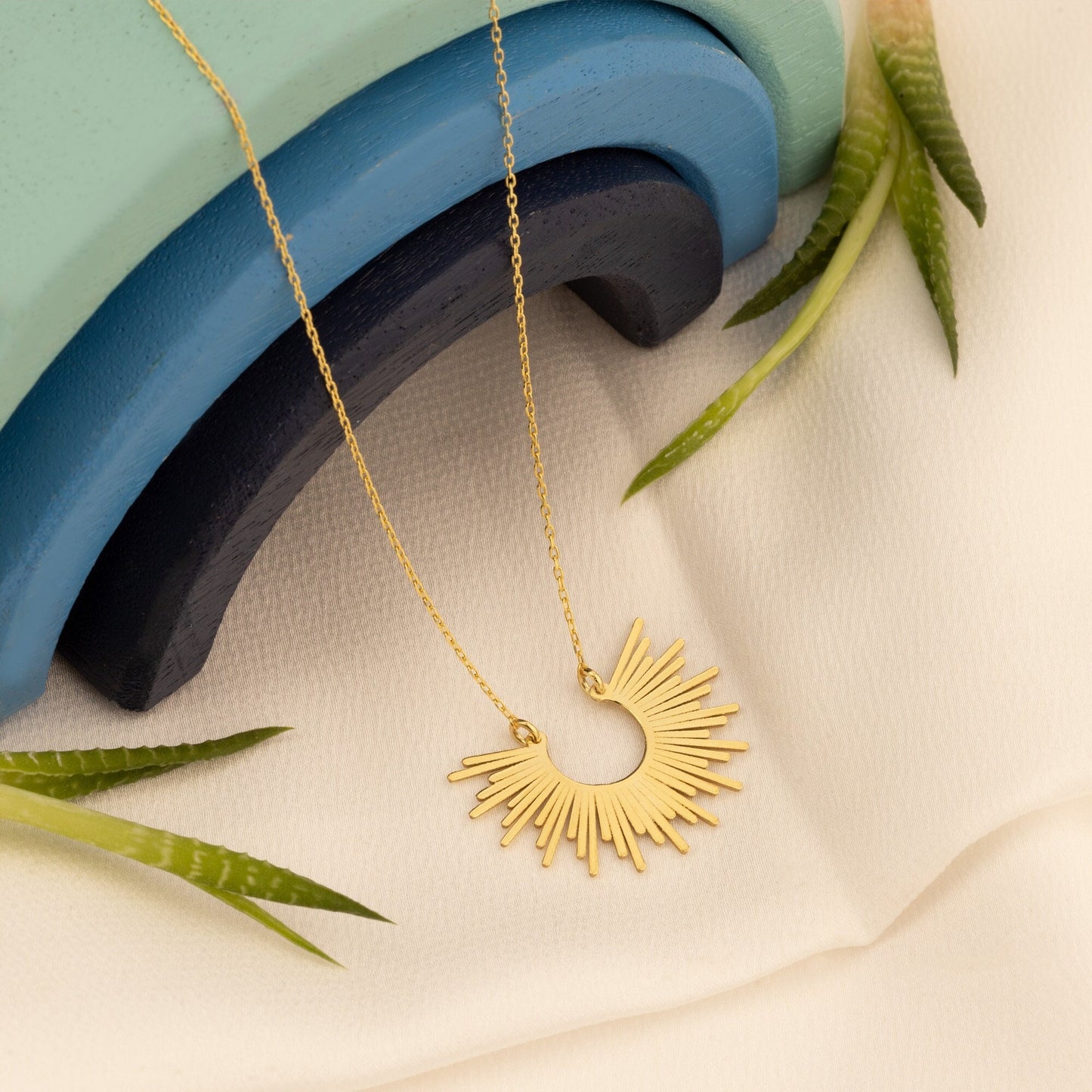 14K Sunburst Necklace - Gold Sunshine Necklaces - Half Sunbeam Necklace for Women - Celestial Necklace - Half Sun Necklace - Gift For Her