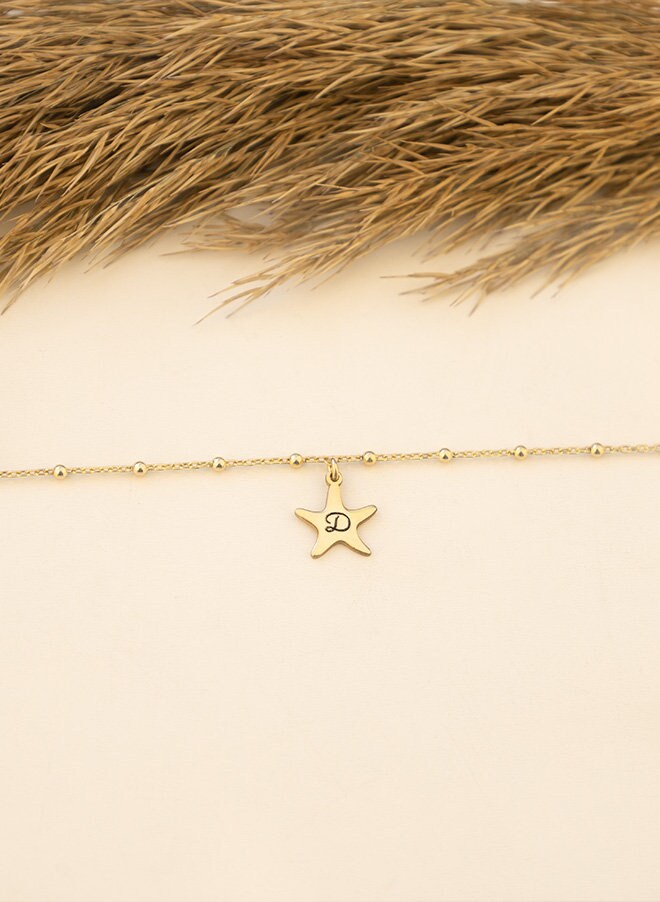 Beaded Chain Personalized Letter Starfish Anklet Bracelet - Ankle Initial Bracelet - Beaded Chain Anklet - Anklets for Women - Gift for Her