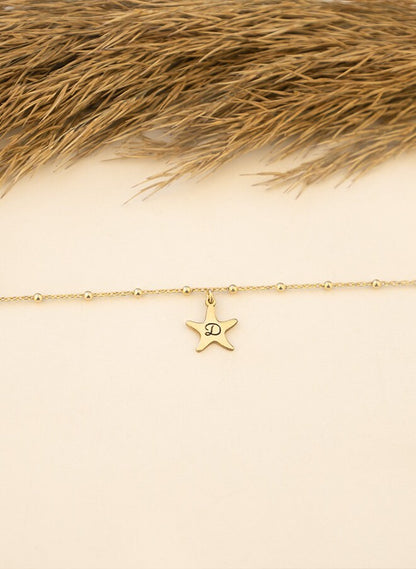 Beaded Chain Personalized Letter Starfish Anklet Bracelet - Ankle Initial Bracelet - Beaded Chain Anklet - Anklets for Women - Gift for Her