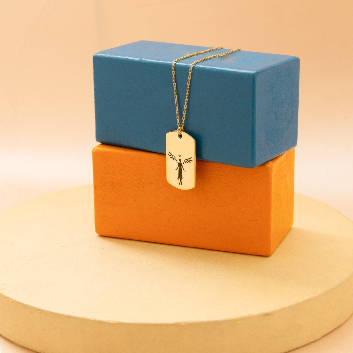 Protection Angel Necklace - Gift for Her - Gold Angel Rectangle Necklace - Gift for Mother - Guardian Angel Medal - Religious Gift For Women