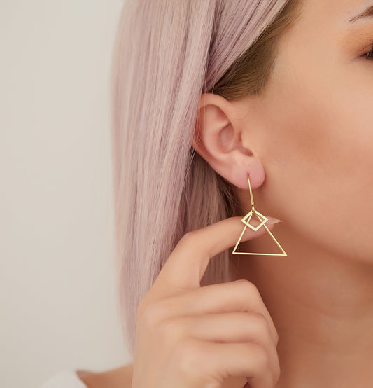 14K Solid Gold Double Triangle Dangle Earrings - Gold Jewellery - Dainty Geometric Earrings - Double Open Triangle Earring - Earrings Dangle