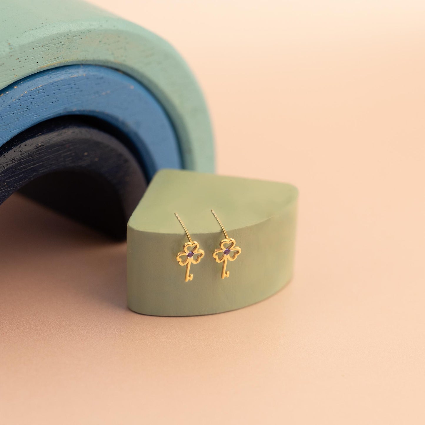 Tiny Gold Studs - Dainty Birthstone Earrings - Birthday Gift - Love and Lucky Clover Earring - Gold Clover Earrings - Gift For Mother